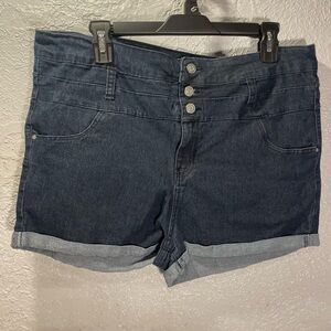 Women’s Dark Blue Denim Jean Shorts with Triple-Button Front